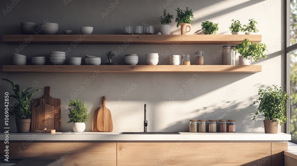 Modern Kitchen Interior with Wooden Shelves, Plants, and a Sink Modern Kitchen Interior with Wooden Shelves, Plants, and a Sink