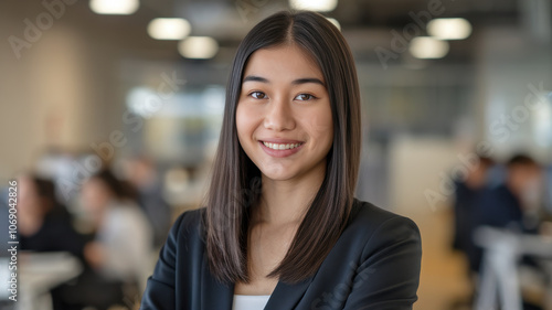 A young East Asian woman in a business suit smiles confidently, standing in a modern office environment filled with professionals engaged in work.