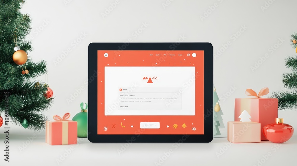 Holiday-themed email mockup on a tablet, showcasing a small business branding with seasonal colors and icons. Holiday-themed email mockup on a tablet, showcasing a small business branding with seasonal colors and icons.