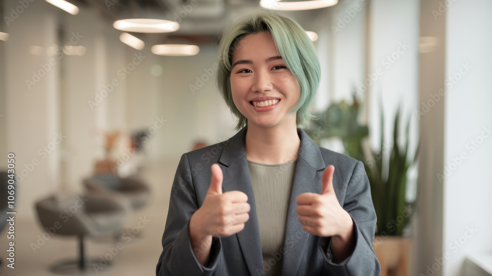 A young Asian woman with green hair smiles and gives two thumbs up in a modern office setting, exuding positivity and confidence in her professional attire. A young Asian woman with green hair smiles and gives two thumbs up in a modern office setting, exuding positivity and confidence in her professional attire.