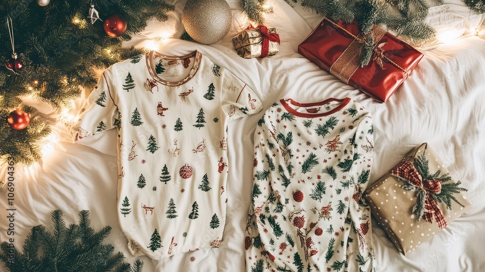 Fototapeta premium Christmas-themed pajamas in playful prints laid out on a bed with holiday decorations, creating a cozy and festive atmosphere.