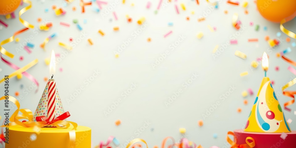 Yellow background with a single birthday candle in the center, surrounded by colorful confetti and party hats, festive, background Yellow background with a single birthday candle in the center, surrounded by colorful confetti and party hats, festive, background