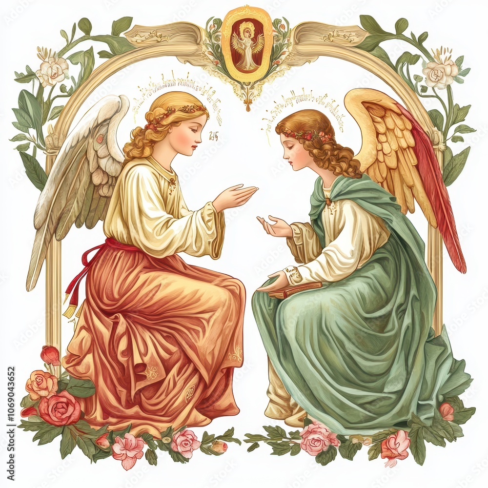 Fototapeta premium Religious calendar illustration for March 25, elegant symbolism of Annunciation, isolated on white background