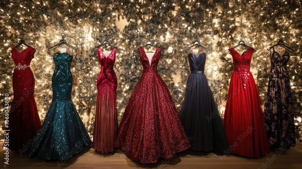 Elegant holiday dresses showcased on hangers, embellished with sequins and rich colors, with soft lighting enhancing the festive mood. Elegant holiday dresses showcased on hangers, embellished with sequins and rich colors, with soft lighting enhancing the festive mood.