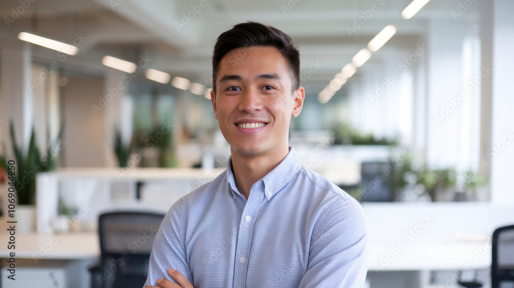 A young Asian man smiles confidently in a modern office setting, showcasing a bright and welcoming atmosphere with greenery in the background. A young Asian man smiles confidently in a modern office setting, showcasing a bright and welcoming atmosphere with greenery in the background.