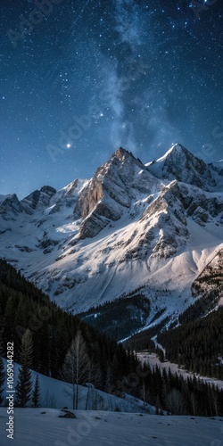 Majestic snow-covered mountains under a starry night sky in Trz. Generative AI photo