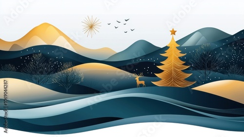 Stylized Forest Mural in Dark Blue and Gold Tones