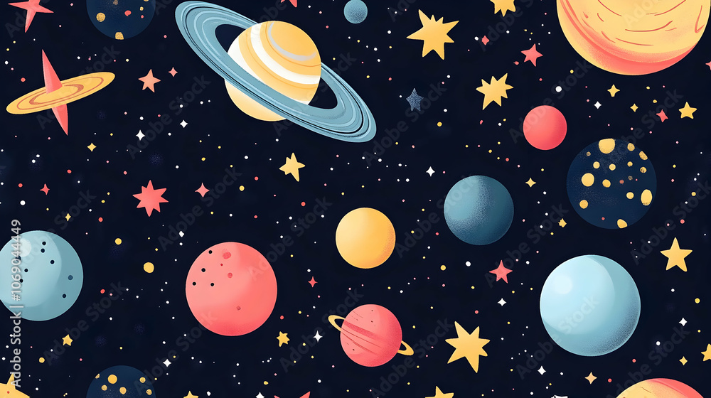 Seamless pattern with planets and stars on a dark blue background. Seamless pattern with planets and stars on a dark blue background.
