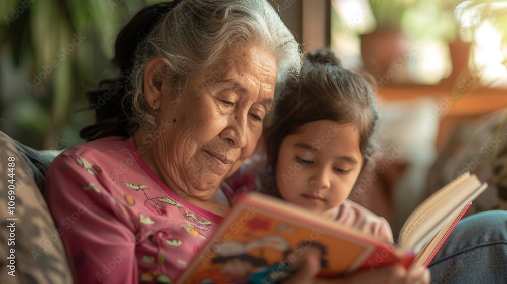 Grandson looks up to his grandmother as she reads, bonding over their shared love for books.