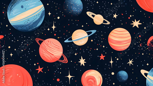 Seamless pattern of planets and stars on dark blue background.