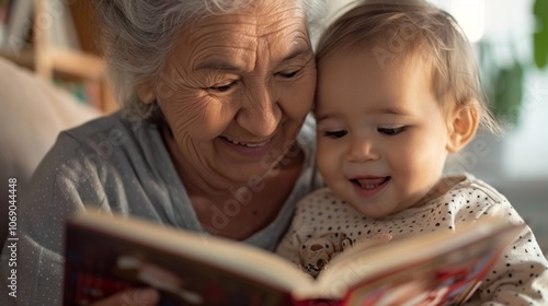 Grandmother holds her grandson close as they enjoy a cherished reading moment together.
