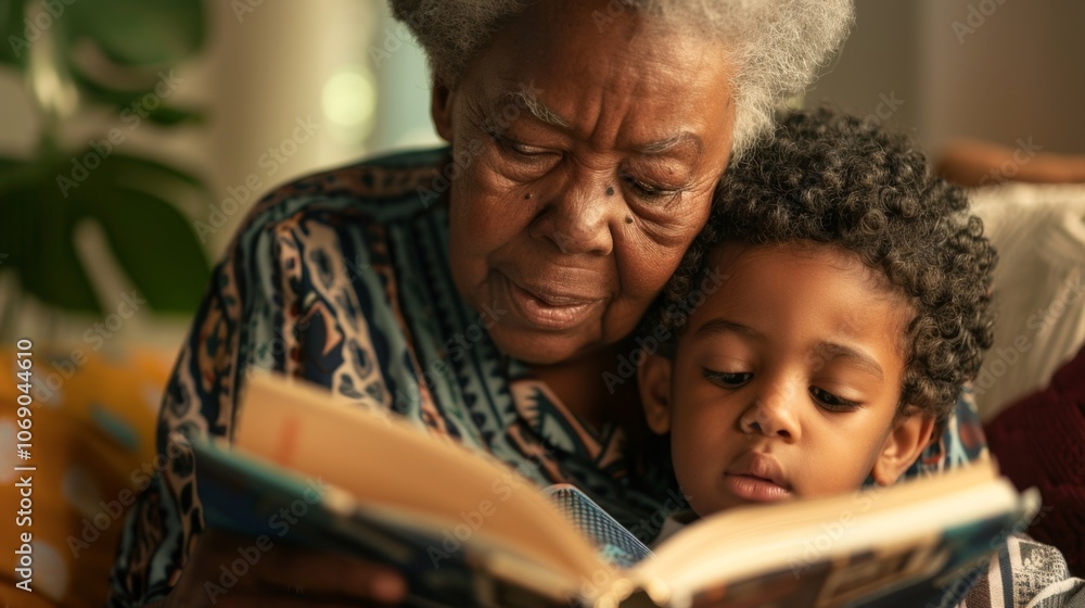 A heartwarming image of a grandmother reading to her grandson, both deeply engaged in the story. A heartwarming image of a grandmother reading to her grandson, both deeply engaged in the story.