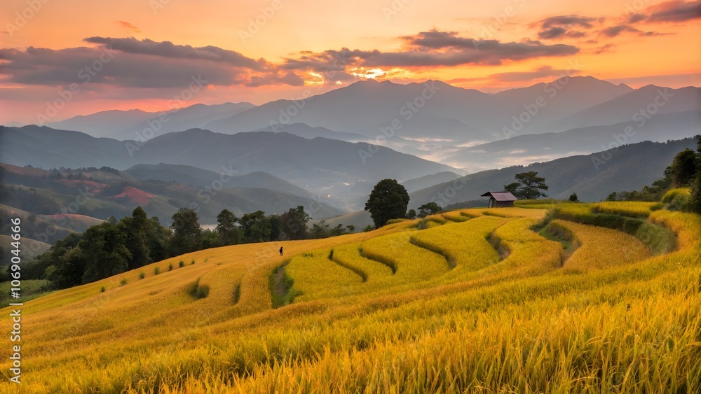 Obraz premium Golden Rice Field with Mountain Background at Sunset,Serene Sunset Over Golden Rice Fields with Mountain View