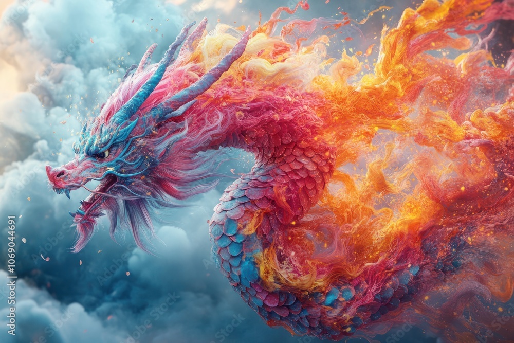 Obraz premium A vibrant pink and blue dragon with yellow flames erupting from its body.