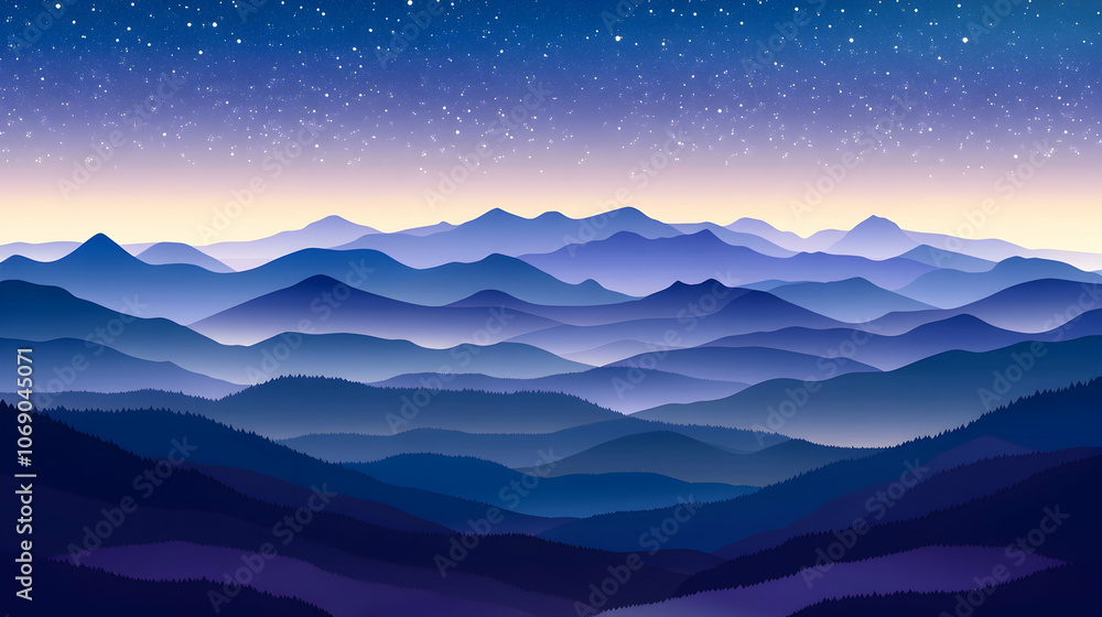 Silhouettes of mountain ranges against a starry night sky. Silhouettes of mountain ranges against a starry night sky.