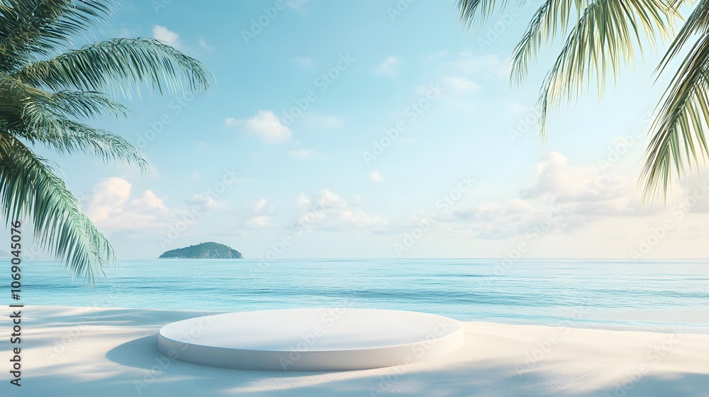 Obraz premium A 3D podium on a sandy beach with a summer backdrop, featuring the sea, clear skies, and a distant island, ideal for product displays and promotions.