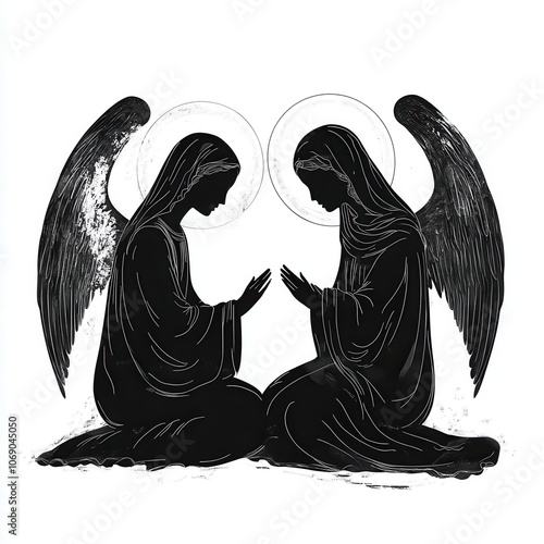 Angel Gabriel and Mary, modern minimalist depiction, monochromatic style, isolated on white background photo