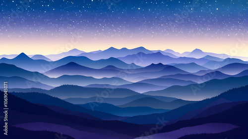 Silhouettes of mountain ranges against a starry night sky.