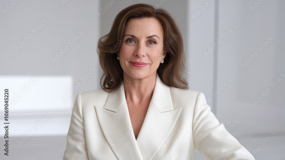 Confident middle-aged Caucasian woman in a stylish white blazer, exuding poise and professionalism in a modern, minimalist setting. Confident middle-aged Caucasian woman in a stylish white blazer, exuding poise and professionalism in a modern, minimalist setting.