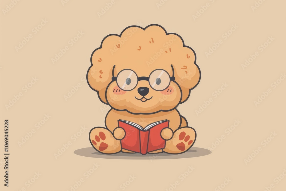 Cute cartoon dog reading book with glasses Cute cartoon dog reading book with glasses