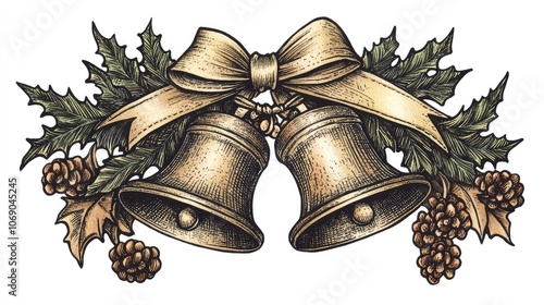 Illustration of Christmas bells tied with a ribbon, with intricate details and vintage style, capturing a traditional holiday vibe. photo