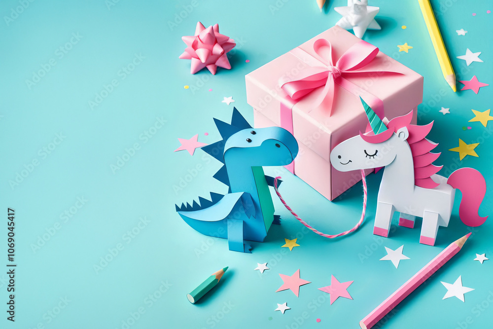 Fototapeta premium a blue dinosaur and a white unicorn with a pink mane and tail. They are standing on a turquoise surface with a pink gift box tied with a string between them. The background is also turquoise,