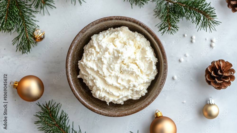 Lefse with a whipped cream cheese spread on a neutral gray background, with simple pine sprigs and ornaments Lefse with a whipped cream cheese spread on a neutral gray background, with simple pine sprigs and ornaments