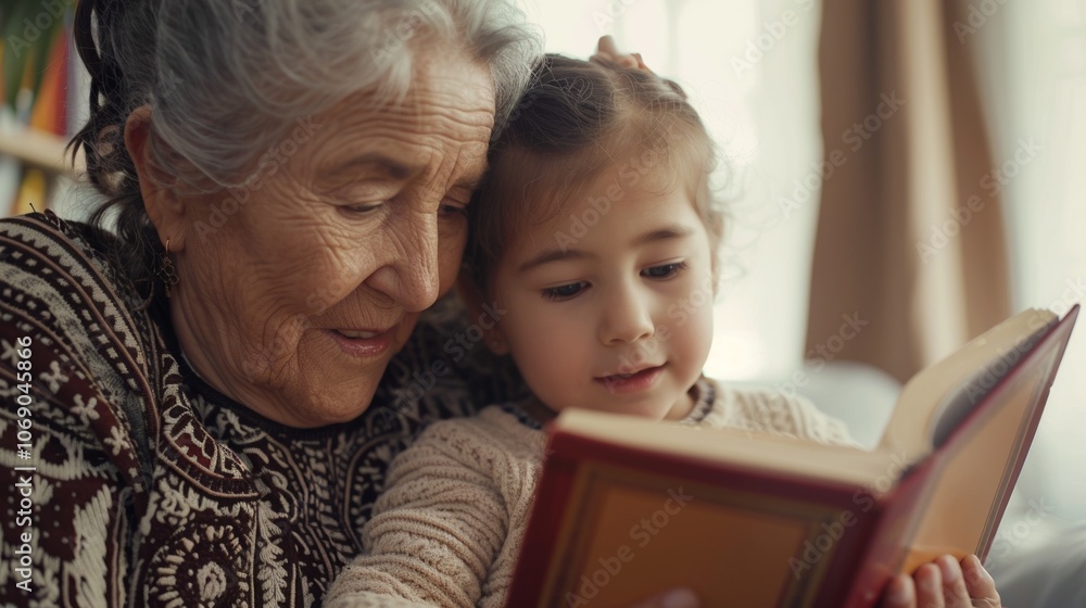 A serene moment between a grandmother and grandson, exploring the pages of a storybook. A serene moment between a grandmother and grandson, exploring the pages of a storybook.