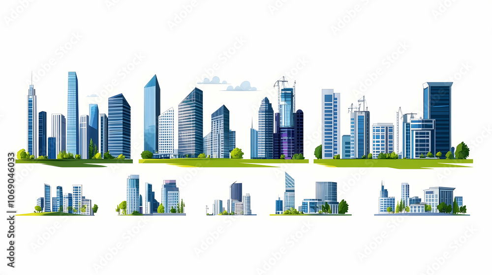 A collection of 10 different cityscapes with modern skyscrapers and green spaces. A collection of 10 different cityscapes with modern skyscrapers and green spaces.