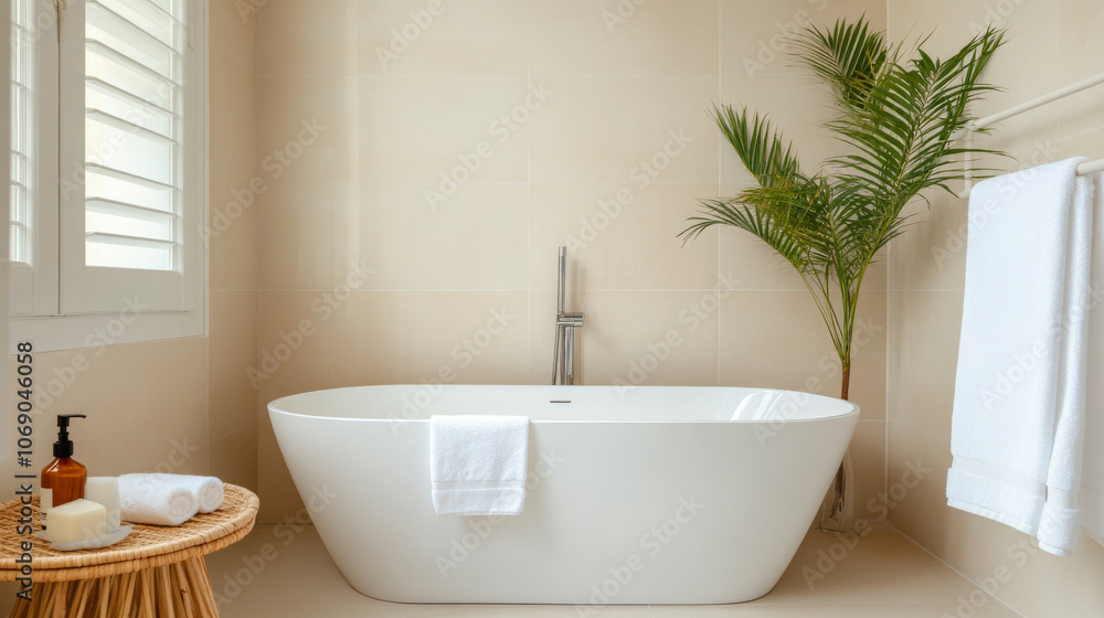 A modern bathroom featuring sleek freestanding bathtub, potted plant, and neatly arranged towels. serene atmosphere invites relaxation and tranquility A modern bathroom featuring sleek freestanding bathtub, potted plant, and neatly arranged towels. serene atmosphere invites relaxation and tranquility