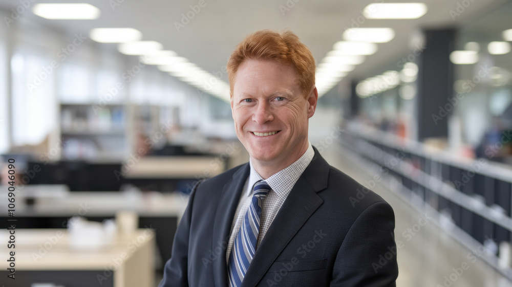 A confident middle-aged Caucasian man in a suit smiles warmly at the camera, set against a modern office backdrop with bright lighting and organized workspace. A confident middle-aged Caucasian man in a suit smiles warmly at the camera, set against a modern office backdrop with bright lighting and organized workspace.