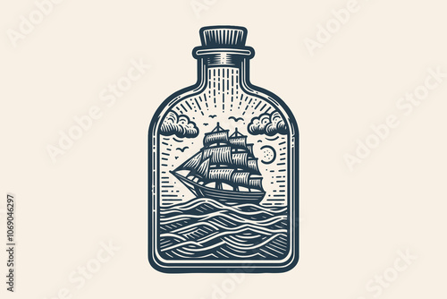 A detailed illustration of a sailing ship trapped inside a glass bottle with waves, clouds, and sun. Vintage vector engraving illustration, emblem, print, tattoo