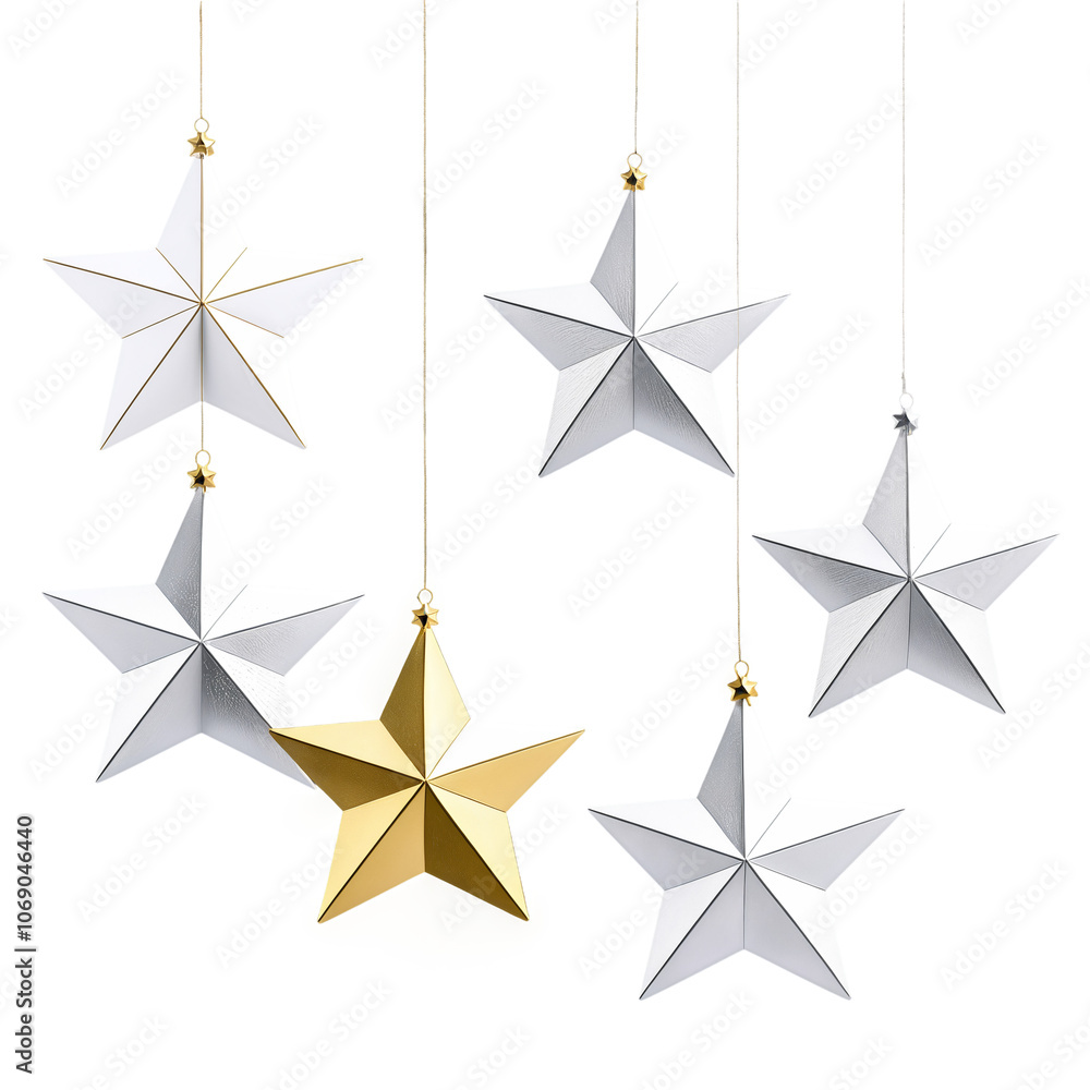 Obraz premium White and gold origami stars hanging on transparent background