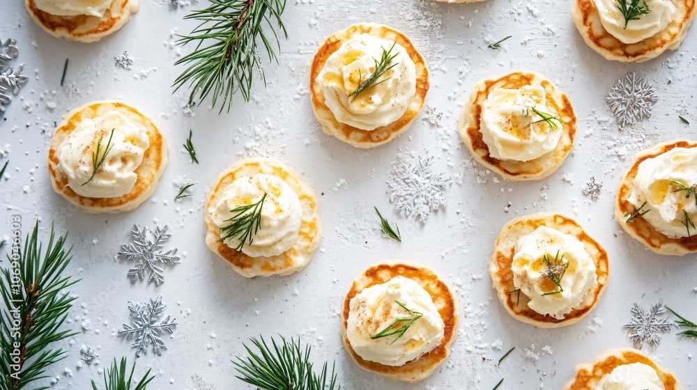 Mini lefse bites topped with whipped honey butter on a light gray background, with pine needles and silver snowflakes Mini lefse bites topped with whipped honey butter on a light gray background, with pine needles and silver snowflakes