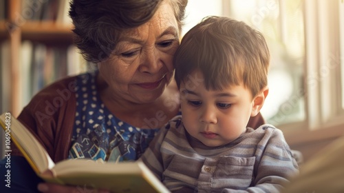 Grandmother sharing cherished tales with her grandson, both radiating warmth and happiness.