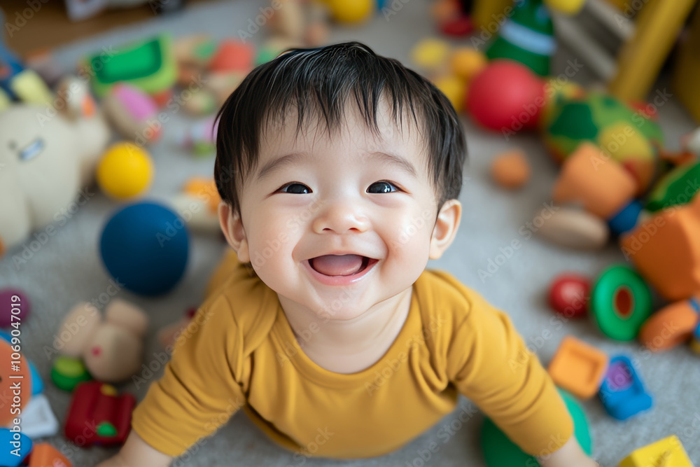 Obraz premium Happy baby playing on floor surrounded by colorful toys, showcasing joy and curiosity in vibrant environment