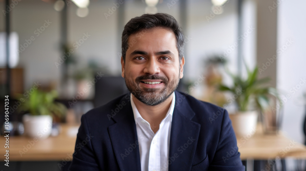 A smiling South Asian man in a smart casual outfit, sitting in a modern office space filled with plants, exuding a friendly and approachable vibe. A smiling South Asian man in a smart casual outfit, sitting in a modern office space filled with plants, exuding a friendly and approachable vibe.