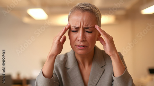 A frustrated middle-aged Hispanic woman in a gray suit holds her temples, expressing stress in a modern office setting, with soft lighting enhancing her tense expression.