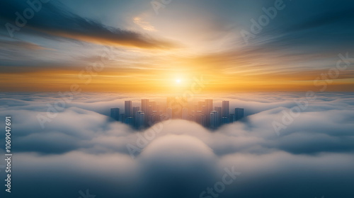 Beautiful sunset and cloudy sky from an aerial view. Airplane view above clouds