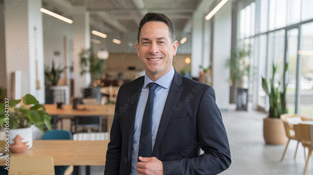 A confident middle-aged Caucasian man in a suit stands smiling in a modern office space, showcasing professionalism and a welcoming atmosphere. A confident middle-aged Caucasian man in a suit stands smiling in a modern office space, showcasing professionalism and a welcoming atmosphere.