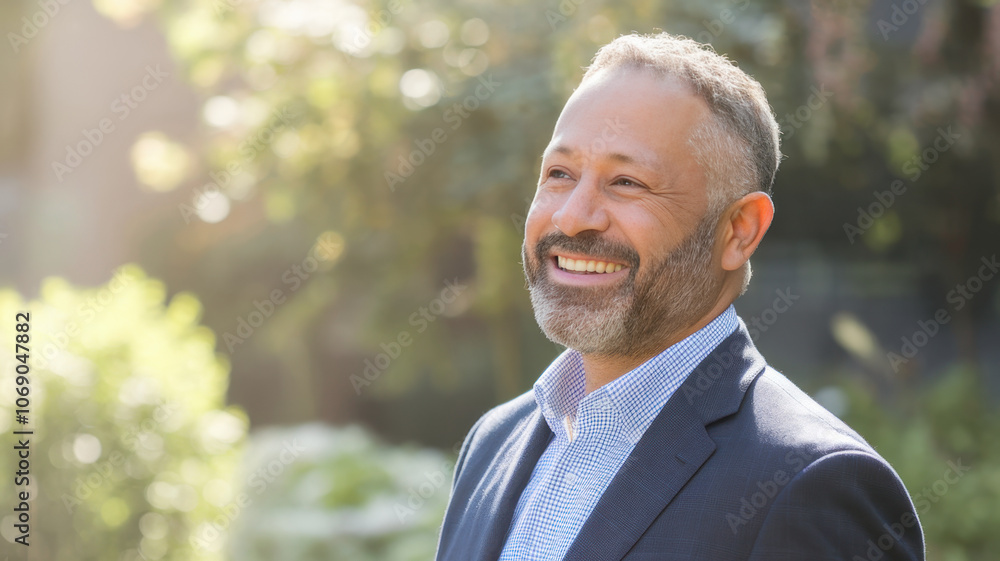 A middle-aged South Asian man with a beard smiles warmly in a sunlit garden, dressed in a blazer and checkered shirt, exuding confidence and positivity. A middle-aged South Asian man with a beard smiles warmly in a sunlit garden, dressed in a blazer and checkered shirt, exuding confidence and positivity.