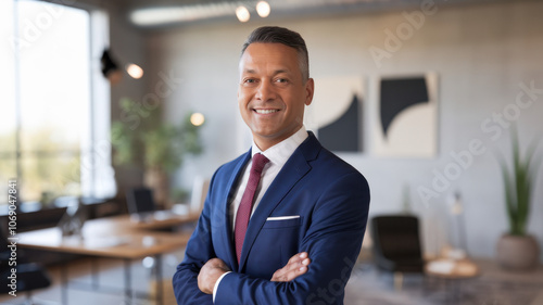 Confident South Asian businessman in a blue suit, smiling in a modern office setting, showcasing professionalism and success.