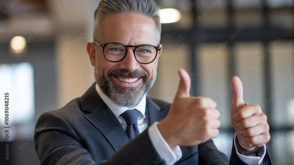 A smiling middle-aged Caucasian man in a tailored suit gives two thumbs up, exuding positivity and confidence in a modern office setting. A smiling middle-aged Caucasian man in a tailored suit gives two thumbs up, exuding positivity and confidence in a modern office setting.