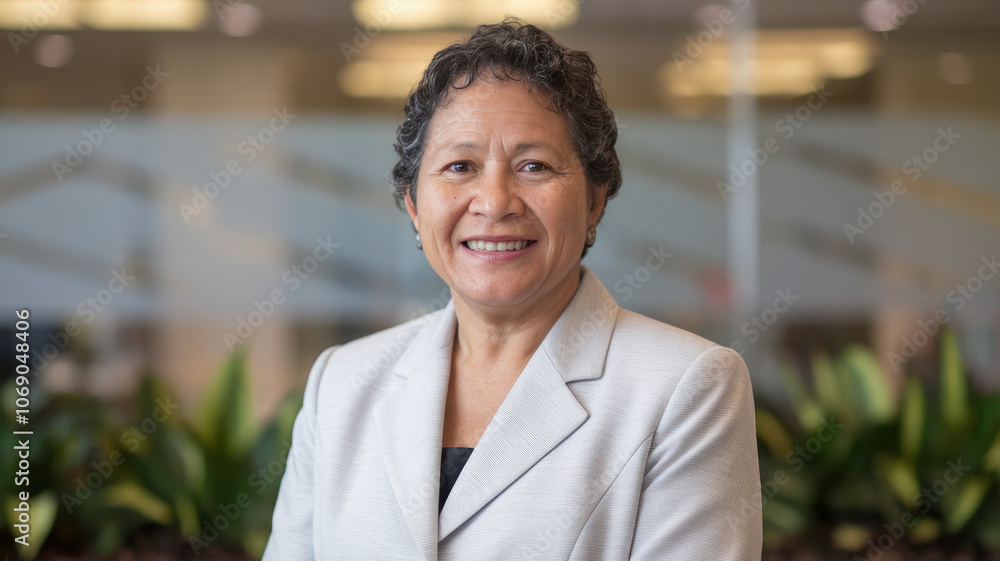 Smiling middle-aged woman of mixed ethnicity in a light blazer stands confidently in a modern office environment, surrounded by greenery. Smiling middle-aged woman of mixed ethnicity in a light blazer stands confidently in a modern office environment, surrounded by greenery.