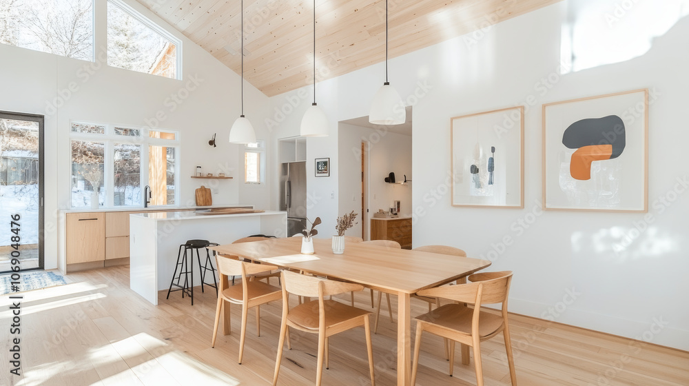 A modern dining area featuring wooden table surrounded by stylish chairs, illuminated by pendant lights. bright space showcases minimalist decor and large windows, creating warm atmosphere A modern dining area featuring wooden table surrounded by stylish chairs, illuminated by pendant lights. bright space showcases minimalist decor and large windows, creating warm atmosphere