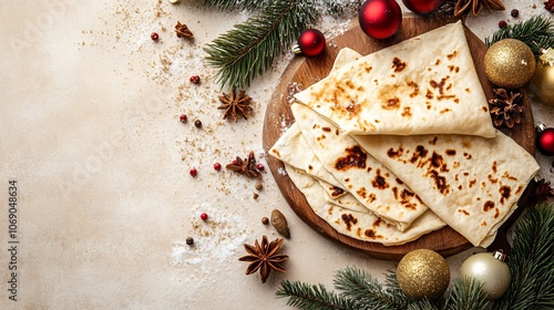 Traditional lefse, slightly charred, with sugar sprinkles on a pale tan background, with minimalist holiday decor