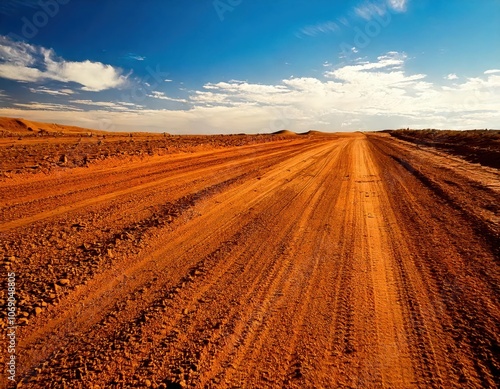 long dirt road in rural countryside with bright blue sky with clouds in the horizon
