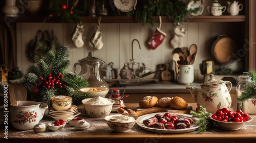 Old-fashioned Christmas baking scene with traditional ingredients, vintage kitchenware, and holiday treats.