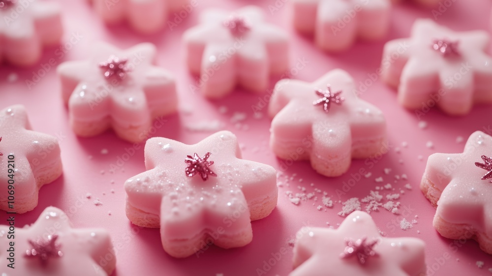 Pink star shaped cookies forming a border on pink background. Christmas cozy and birthday party design. Panorama banner Pink star shaped cookies forming a border on pink background. Christmas cozy and birthday party design. Panorama banner