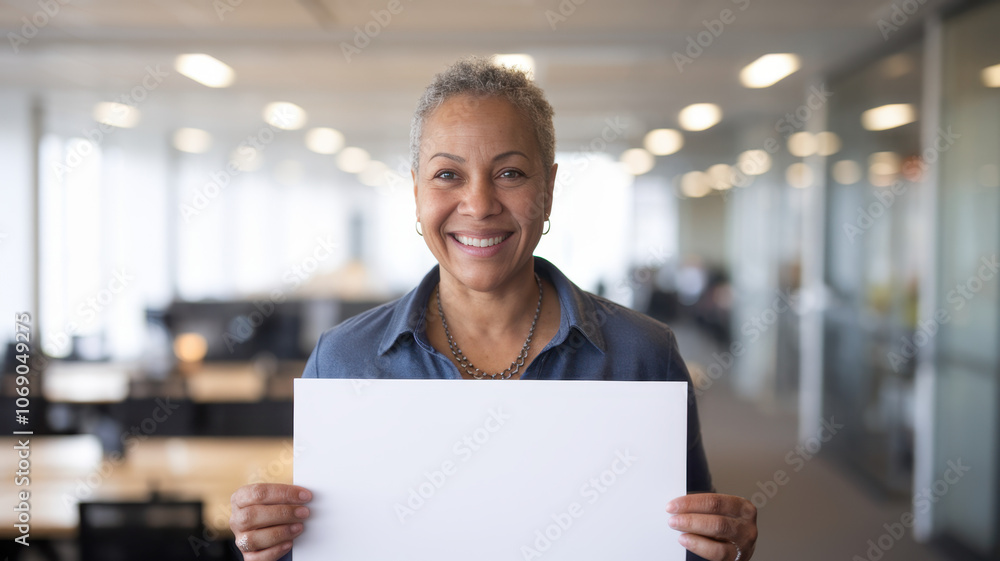 Smiling mature Black woman holding a blank sign, standing in a modern office environment, exuding confidence and positivity amidst bright, natural light. Smiling mature Black woman holding a blank sign, standing in a modern office environment, exuding confidence and positivity amidst bright, natural light.